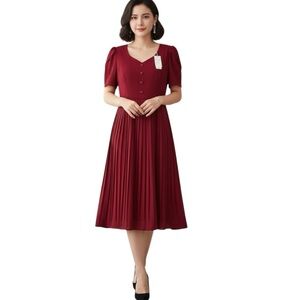 Burgundy Red Pleated Midi Dress Button Front Flutter Sleeves